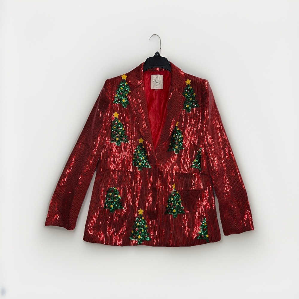 Fantastic Fawn Sequin Christmas Tree Blazer Red‎ Green Holiday Jacket Size M